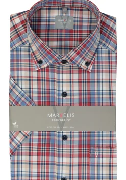 MARVELIS comfort fit overhemd, korte mouw, popeline, rood geruit