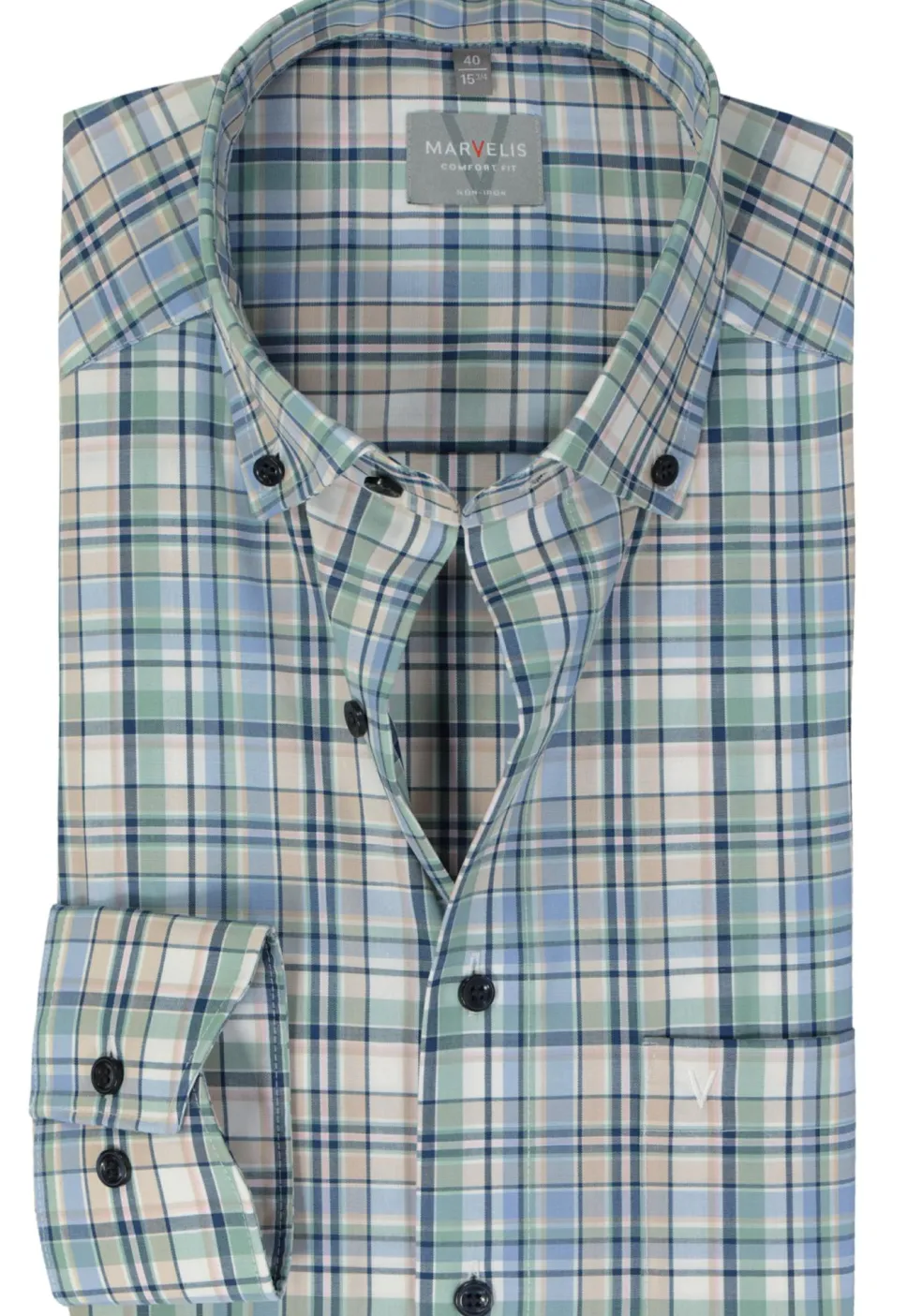 MARVELIS comfort fit overhemd, popeline, groen geruit