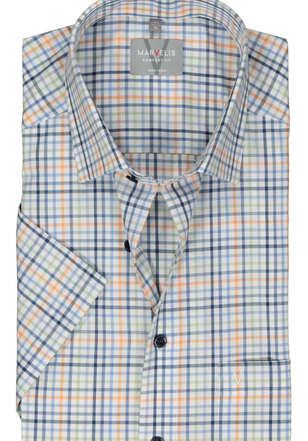 MARVELIS comfort fit overhemd, korte mouw, popeline, wit met blauw, oranje en groen geruit
