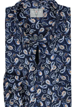 MARVELIS comfort fit overhemd, popeline, donkerblauw met wit, lichtblauw en oranje dessin