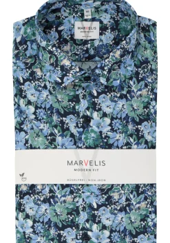 MARVELIS modern fit overhemd, korte mouw, popeline, groen dessin
