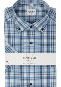 MARVELIS modern fit overhemd, korte mouw, popeline, lichtblauw geruit