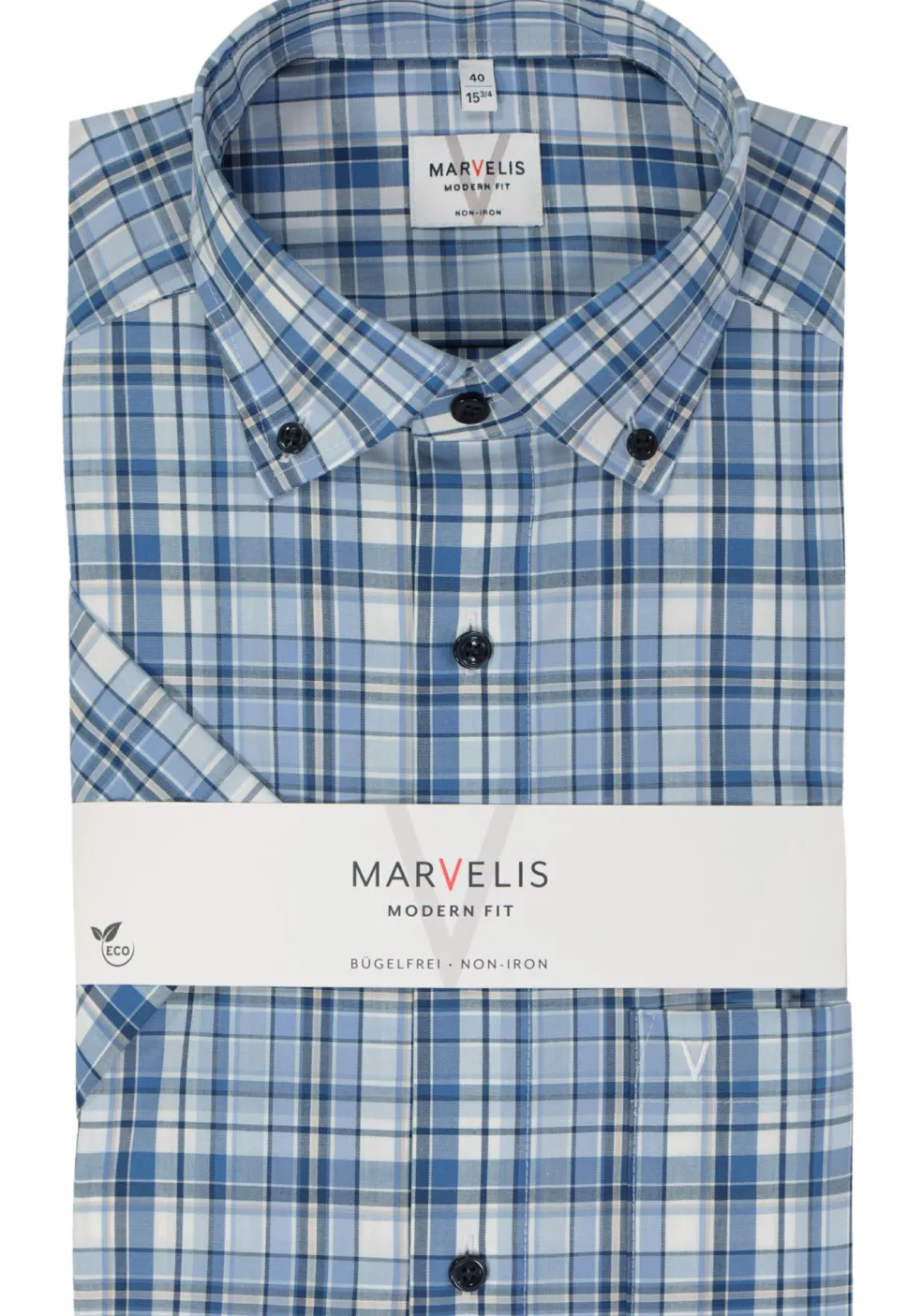 MARVELIS modern fit overhemd, korte mouw, popeline, lichtblauw geruit