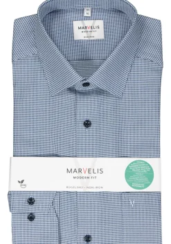 MARVELIS modern fit overhemd, popeline, blauw met wit mini dessin
