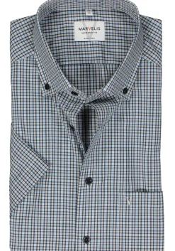 MARVELIS modern fit overhemd, korte mouw, popeline, blauw, wit en beige fijn geruit