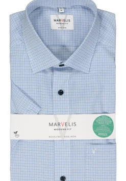 MARVELIS modern fit overhemd, korte mouw, popeline, lichtblauw met wit geruit