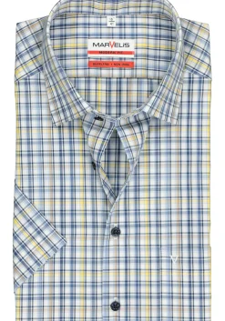 MARVELIS modern fit overhemd, korte mouw, popeline, wit met blauw en geel geruit