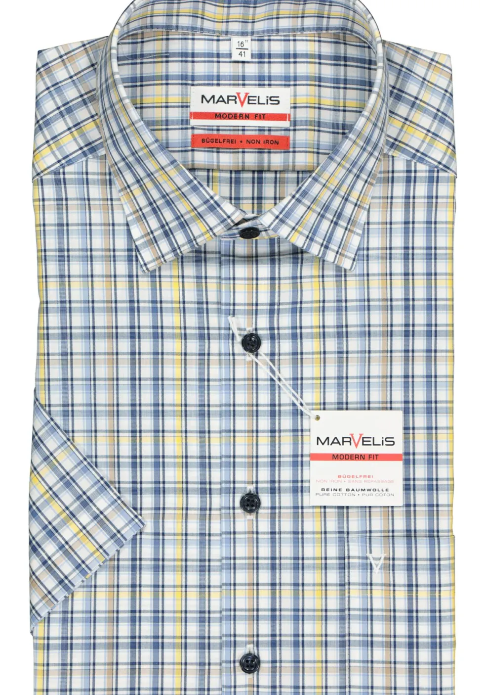 MARVELIS modern fit overhemd, korte mouw, popeline, wit met blauw en geel geruit