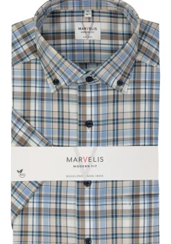 MARVELIS modern fit overhemd, korte mouw, popeline, lichtbruin geruit