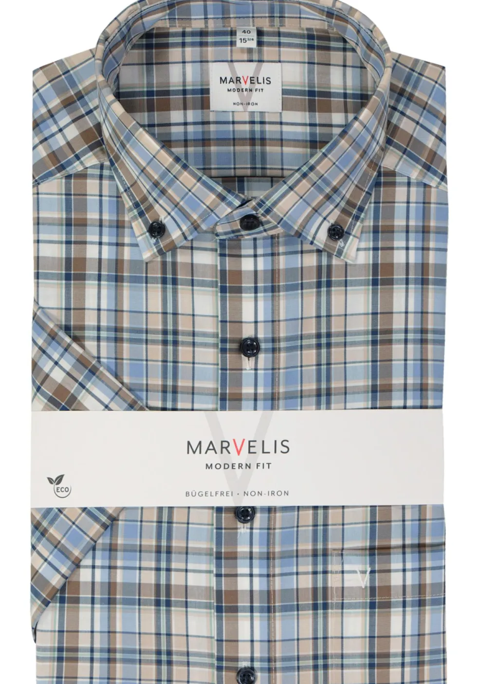 MARVELIS modern fit overhemd, korte mouw, popeline, lichtbruin geruit