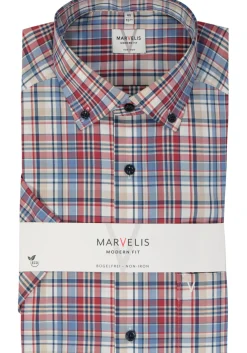 MARVELIS modern fit overhemd, korte mouw, popeline, rood geruit