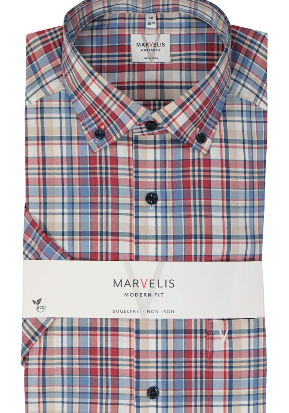 MARVELIS modern fit overhemd, korte mouw, popeline, rood geruit