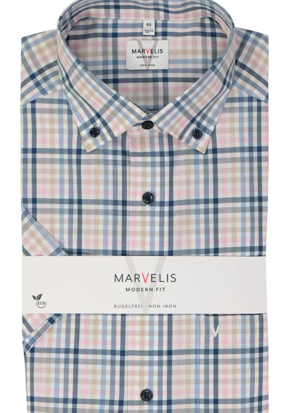 MARVELIS modern fit overhemd, korte mouw, popeline, roze geruit
