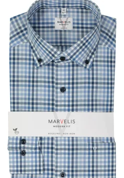 MARVELIS modern fit overhemd, popeline, lichtblauw geruit