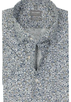 OLYMP comfort fit overhemd, korte mouw, dobby, wit met blauw en beige bloemetjes dessin