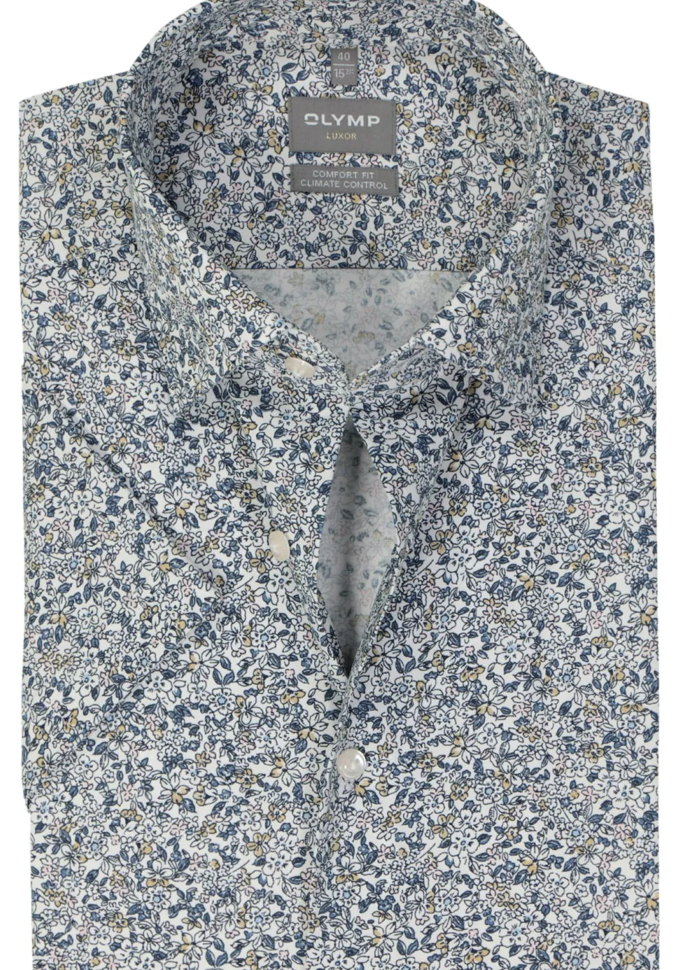 OLYMP comfort fit overhemd, korte mouw, dobby, wit met blauw en beige bloemetjes dessin