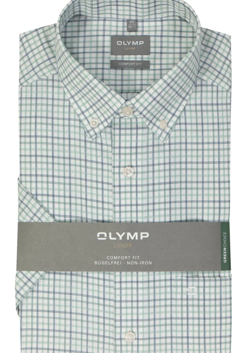 OLYMP comfort fit overhemd, korte mouw, popeline, groen geruit