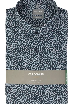 OLYMP comfort fit overhemd, korte mouw, popeline, marine blauw bloemetjes dessin