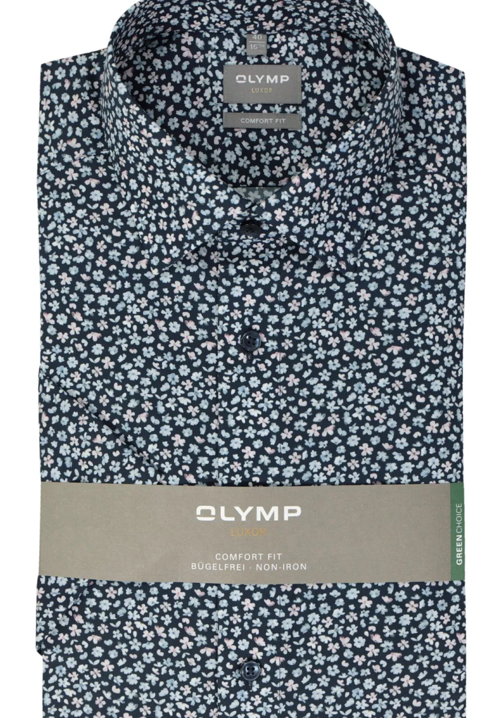 OLYMP comfort fit overhemd, korte mouw, popeline, marine blauw bloemetjes dessin