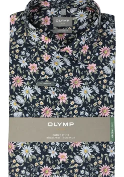 OLYMP comfort fit overhemd, korte mouw, popeline, marine blauw dessin