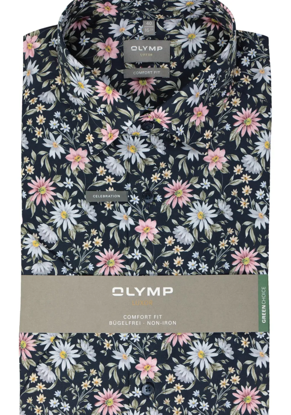 OLYMP comfort fit overhemd, korte mouw, popeline, marine blauw dessin