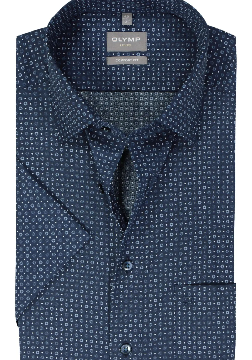 OLYMP comfort fit overhemd, korte mouw, popeline, marine blauw dessin