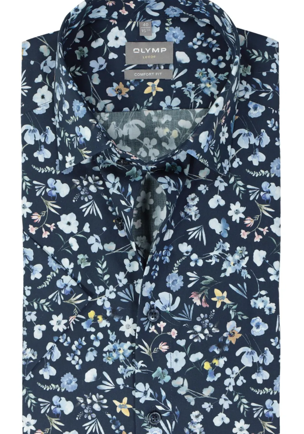 OLYMP comfort fit overhemd, korte mouw, popeline, marine blauw dessin