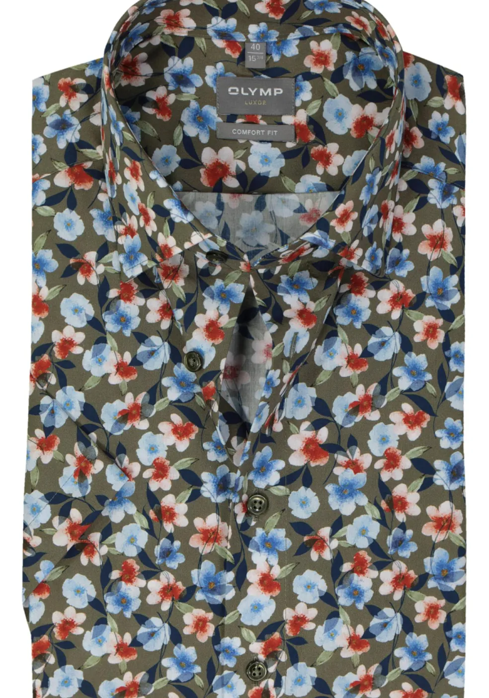 OLYMP comfort fit overhemd, korte mouw, popeline, groen met blauw, rood en wit bloemen dessin