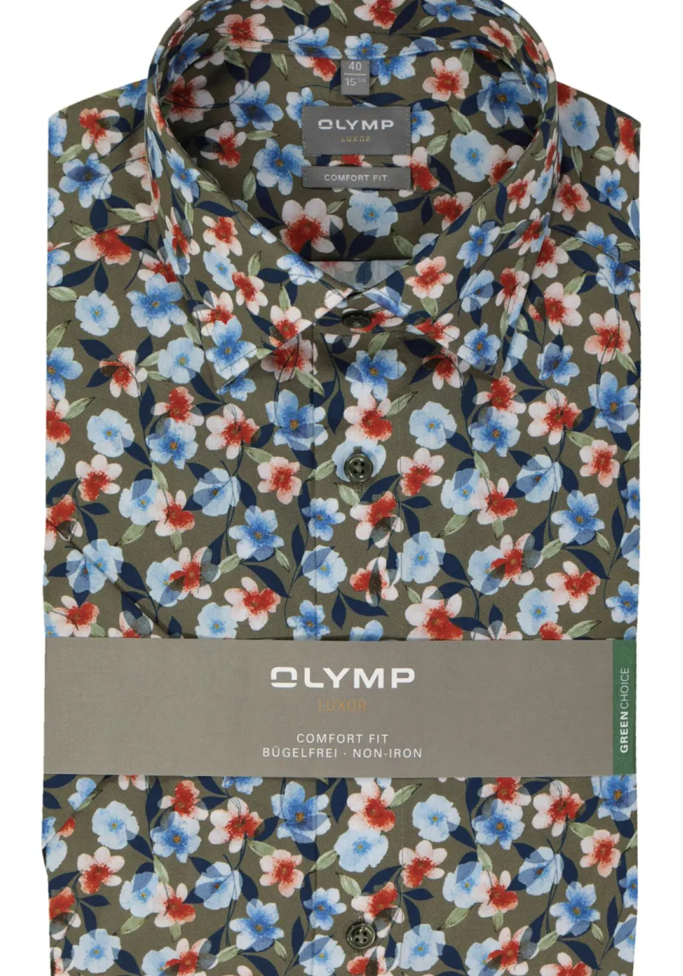 OLYMP comfort fit overhemd, korte mouw, popeline, groen met blauw, rood en wit bloemen dessin