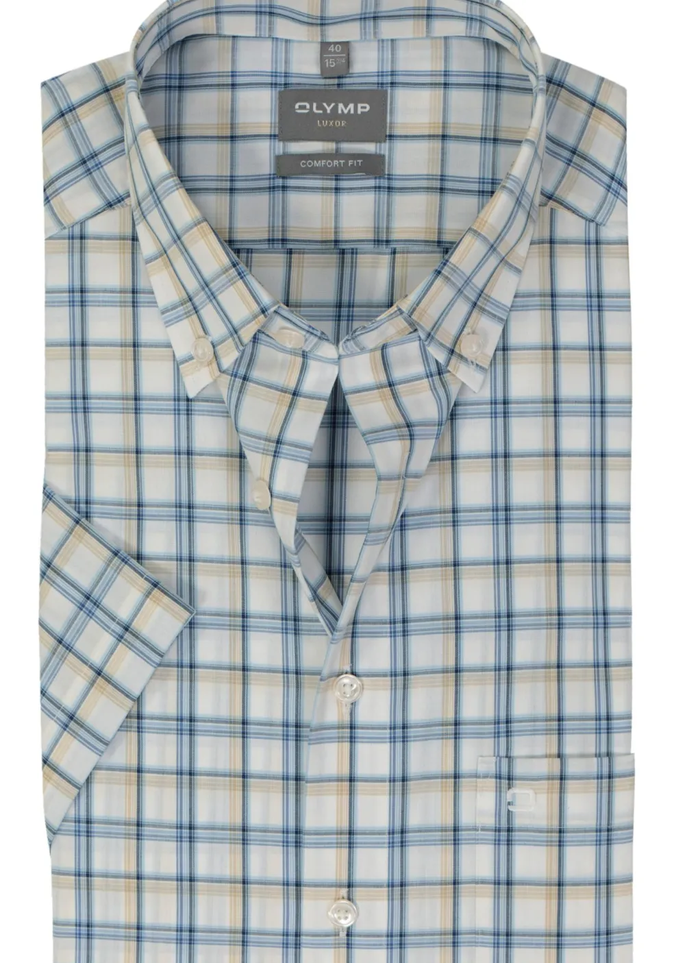 OLYMP comfort fit overhemd, korte mouw, popeline, wit met blauw en beige geruit