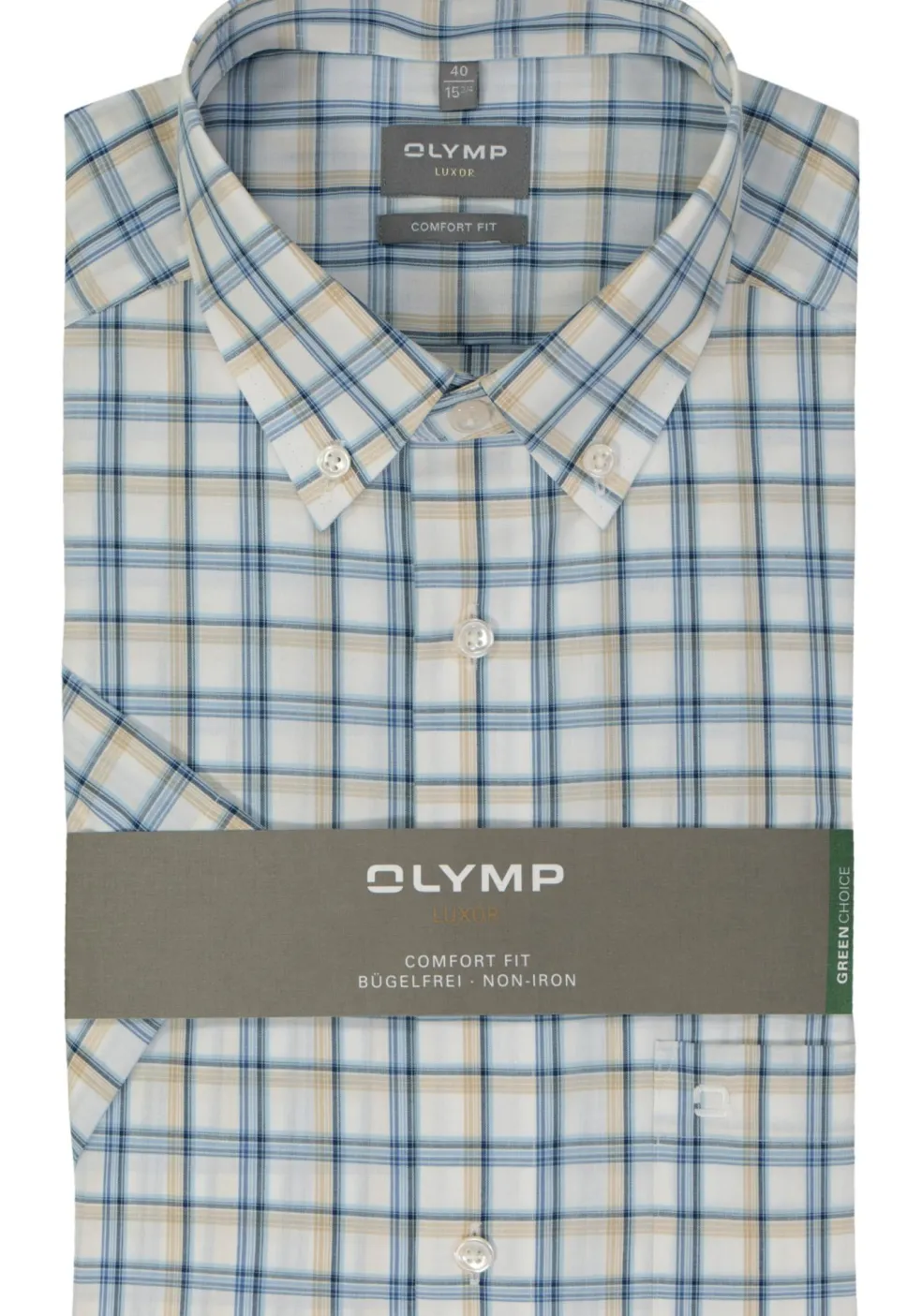 OLYMP comfort fit overhemd, korte mouw, popeline, wit met blauw en beige geruit