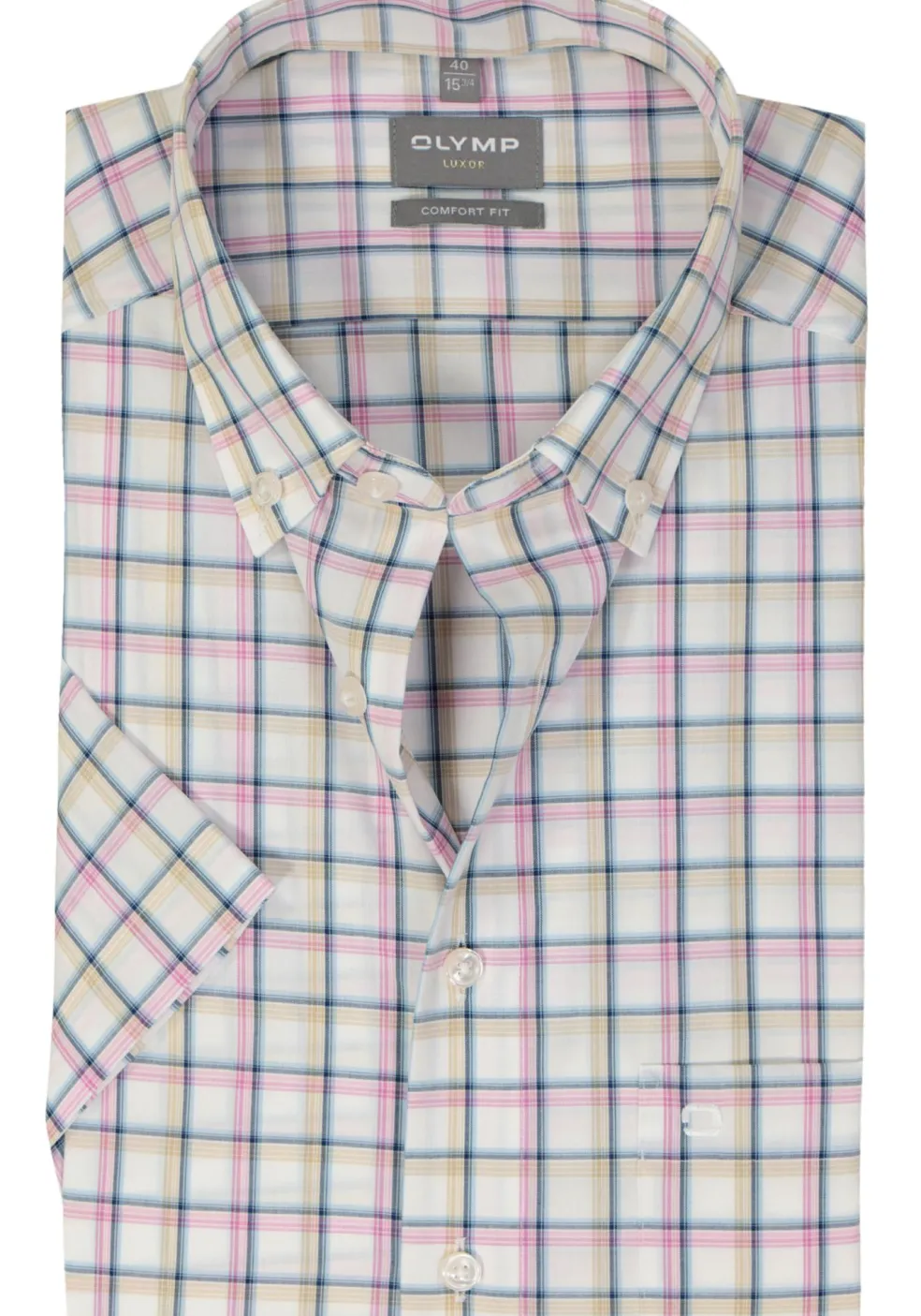 OLYMP comfort fit overhemd, korte mouw, popeline, wit met blauw, beige en roze geruit