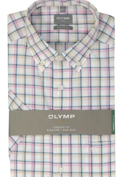 OLYMP comfort fit overhemd, korte mouw, popeline, wit met blauw, beige en roze geruit