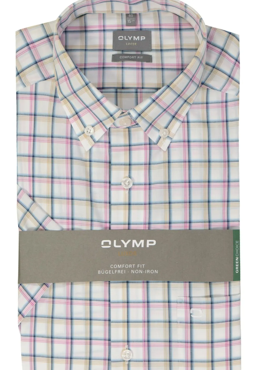 OLYMP comfort fit overhemd, korte mouw, popeline, wit met blauw, beige en roze geruit