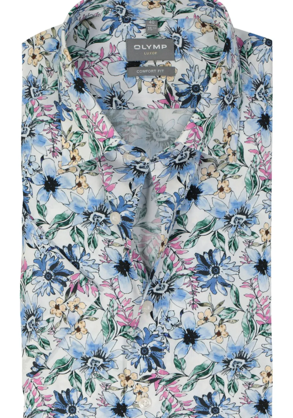 OLYMP comfort fit overhemd, korte mouw, popeline, wit met blauw, groen en roze bloemen dessin