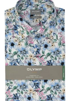OLYMP comfort fit overhemd, korte mouw, popeline, wit met blauw, groen en roze bloemen dessin
