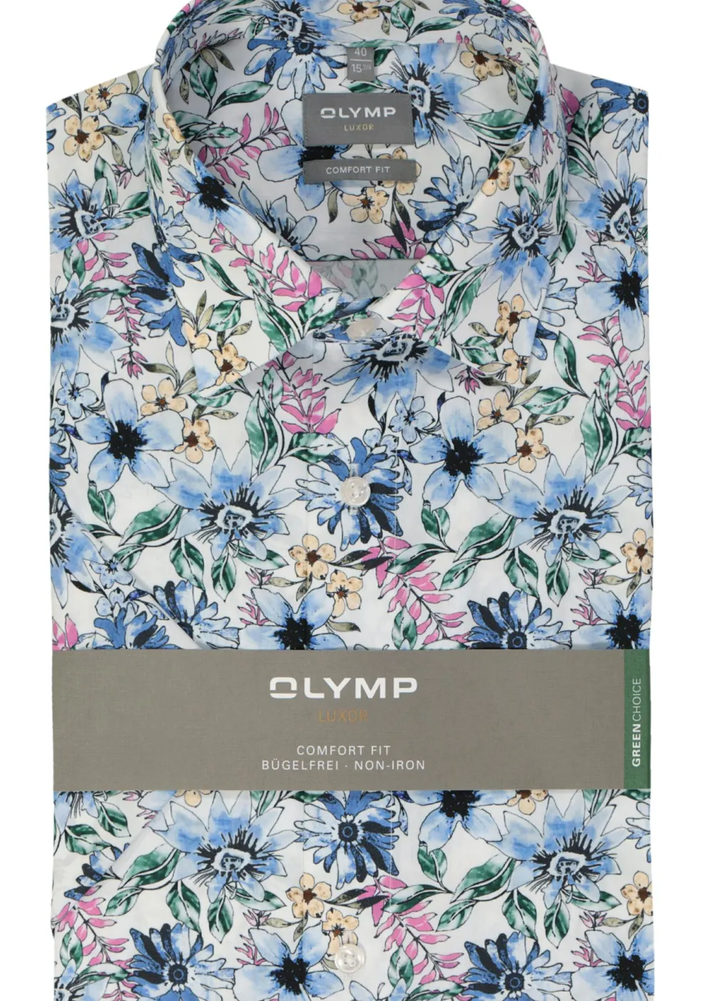 OLYMP comfort fit overhemd, korte mouw, popeline, wit met blauw, groen en roze bloemen dessin