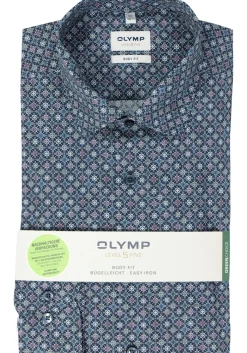 OLYMP Level 5 body fit overhemd, popeline, marine blauw dessin