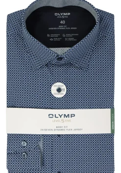 OLYMP 24/7 Level 5 body fit overhemd, mouwlengte 7, tricot, marine blauw dessin