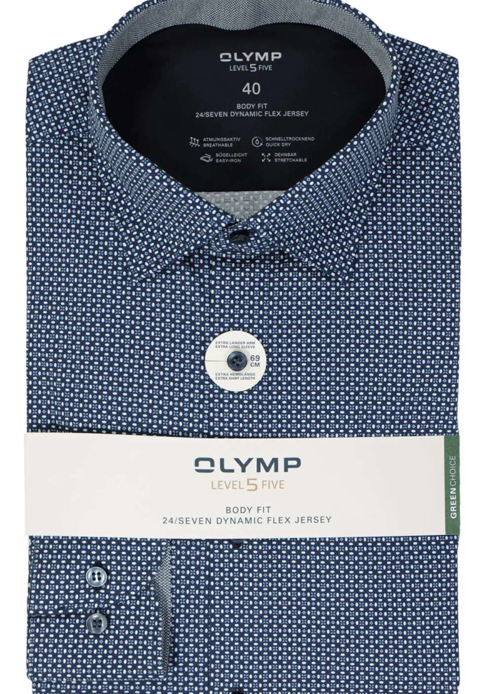 OLYMP 24/7 Level 5 body fit overhemd, mouwlengte 7, tricot, marine blauw dessin