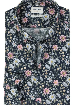 OLYMP Level 5 body fit overhemd, mouwlengte 7, popeline, marine blauw dessin