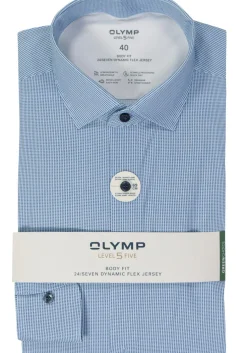 OLYMP 24/7 Level 5 body fit overhemd, mouwlengte 7, tricot, lichtblauw dessin