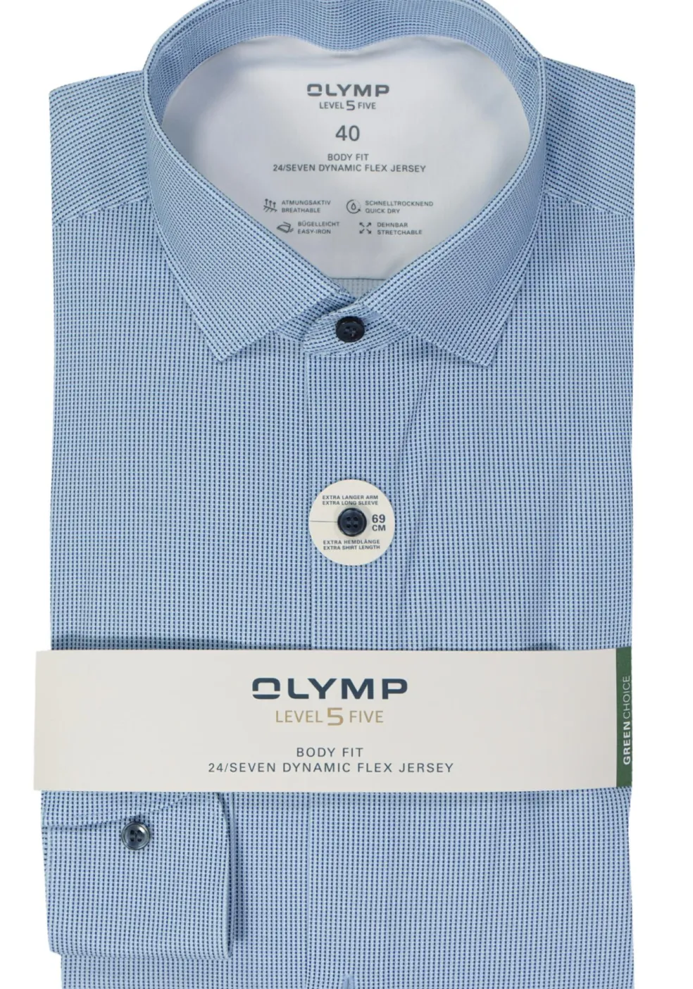 OLYMP 24/7 Level 5 body fit overhemd, mouwlengte 7, tricot, lichtblauw dessin