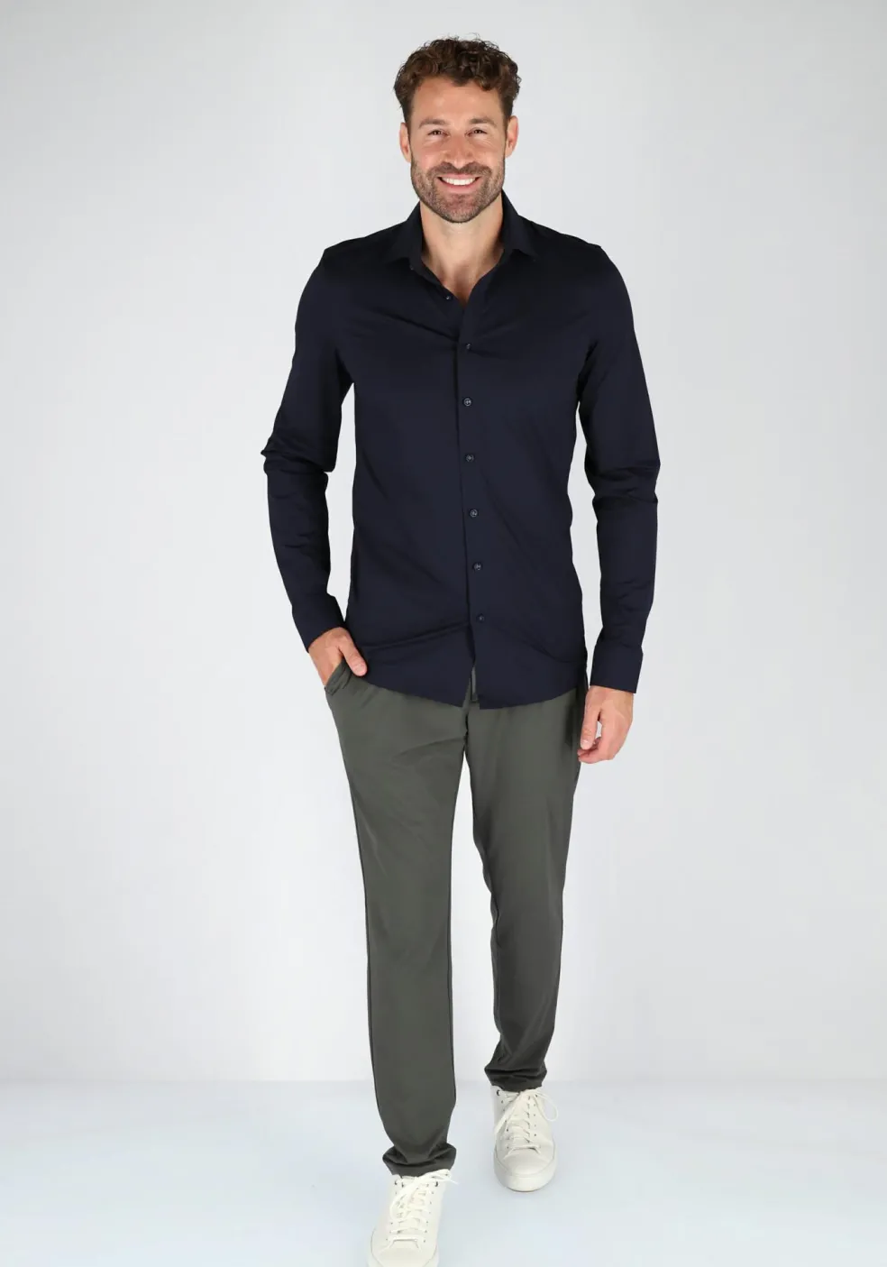OLYMP Level 5 24/Seven body fit overhemd, mouwlengte 7, marine blauw tricot