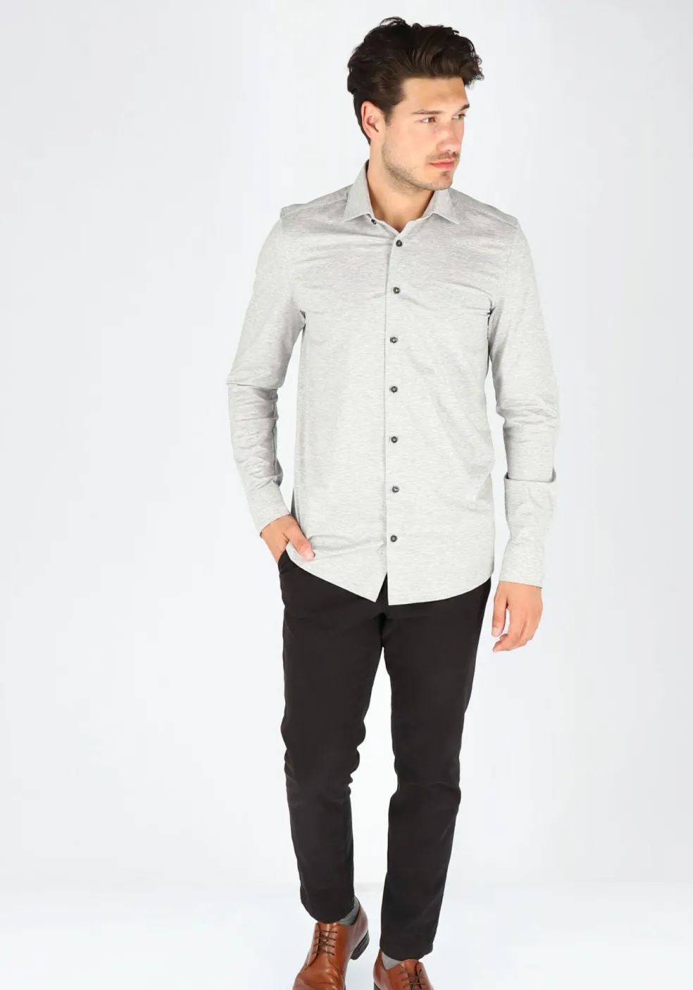 OLYMP Level 5 24/Seven body fit overhemd, zilvergrijs tricot