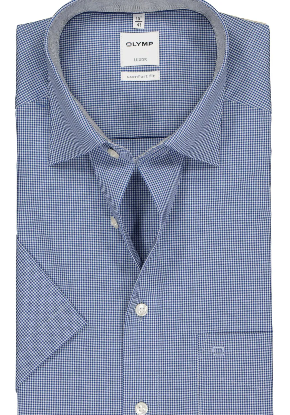 OLYMP Luxor comfort fit overhemd, korte mouw, donkerblauw met wit geruit (contrast)