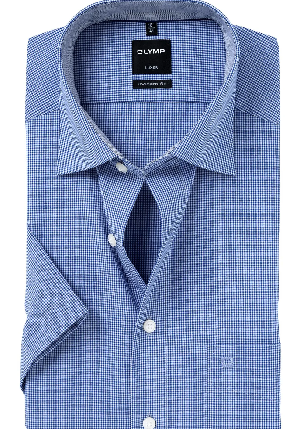 OLYMP Luxor modern fit overhemd, korte mouw, donkerblauw met wit geruit (contrast)