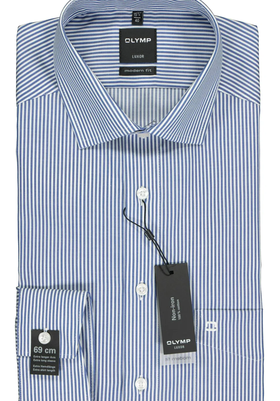 OLYMP Luxor modern fit overhemd, mouwlengte 7, twill, marine blauw met wit gestreept