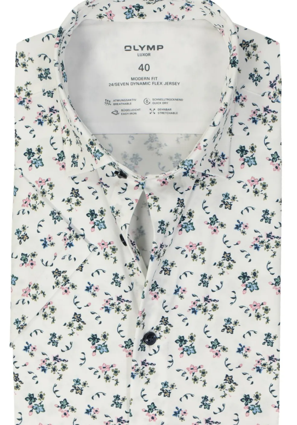 OLYMP 24/7 modern fit overhemd, korte mouw, tricot, wit dessin