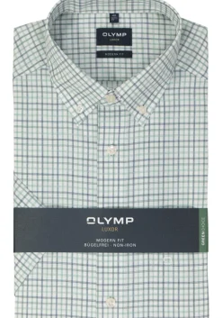 OLYMP modern fit overhemd, korte mouw, popeline, groen geruit